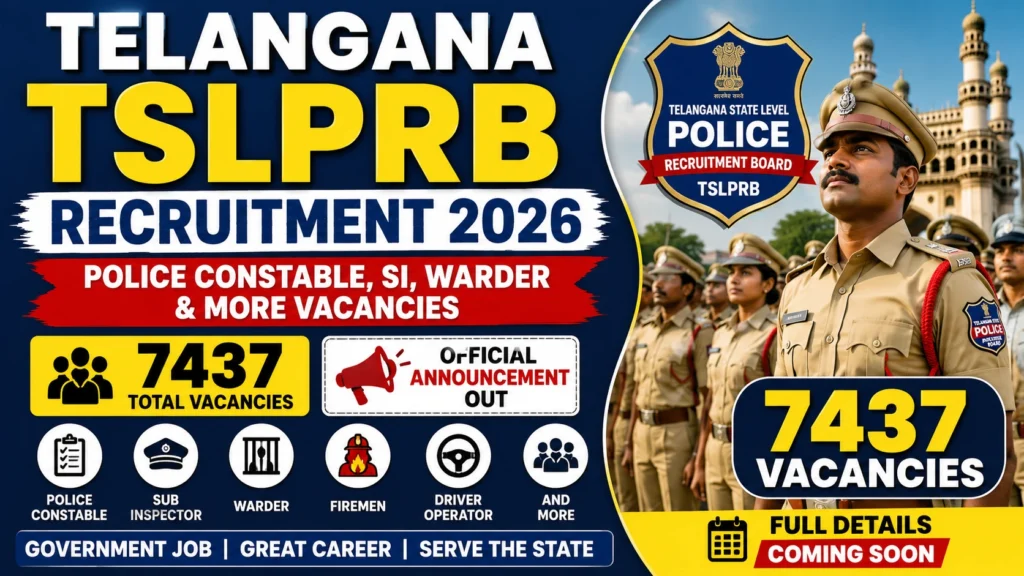 Telangana TSLPRB Recruitment 2026 Official Notification, Telangana Police Vacancy 2026 Overview, TSLPRB 7437 Vacancies Details,Telangana Police Recruitment Apply Online